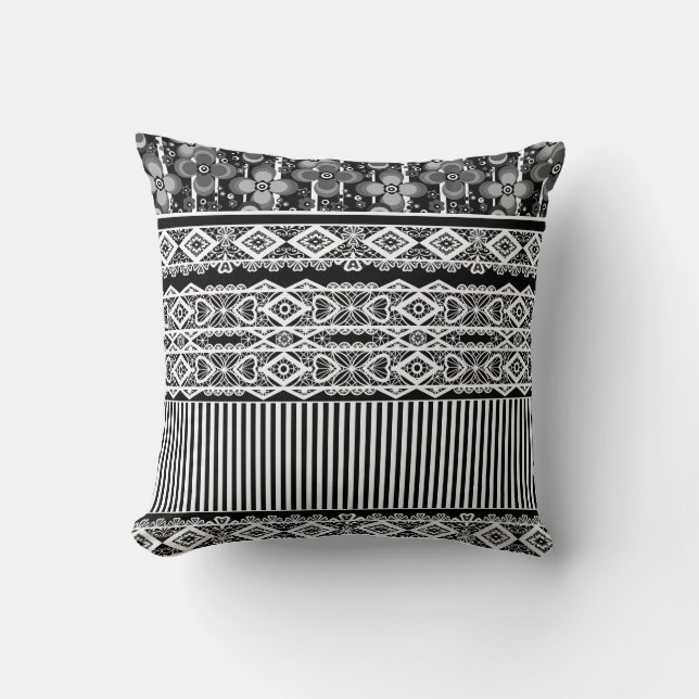 Black and white pattern with lace and patchwork throw pillow (Front)