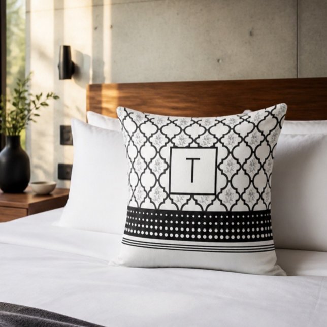 Black and White Patterned Monogram Throw Pillow (Creator Uploaded)