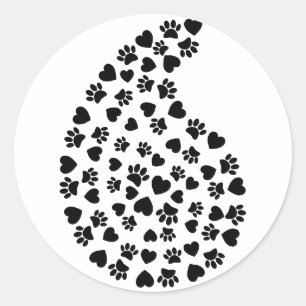 Black And White Paw Print And Hearts Paisley Classic Round Sticker