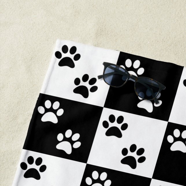 Black and white paw print chequered Beach Towel (In Situ)