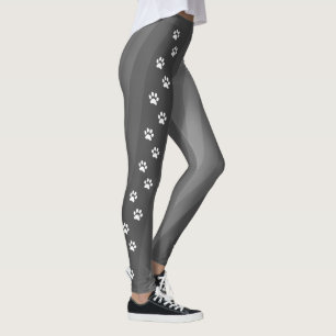 Black and White Paw Print Diagonal Stripe Workout Leggings