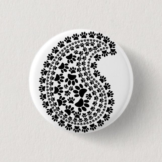 Black And White Paw Print Paisley Pattern 1 Inch Round Button (Front)