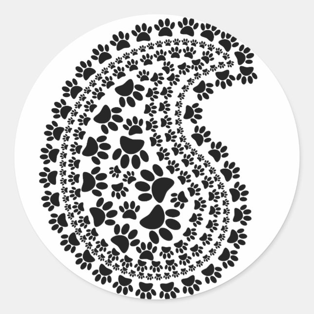 Black And White Paw Print Paisley Pattern Classic Round Sticker (Front)