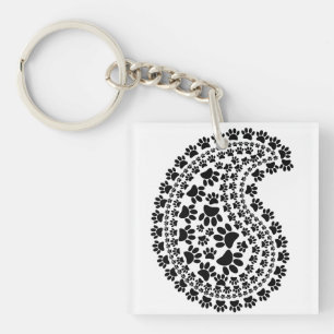 Black And White Paw Print Paisley Pattern Keychain