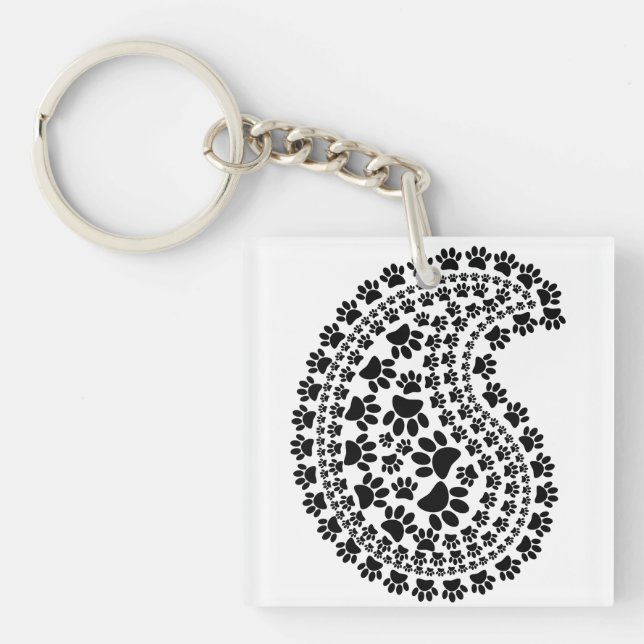 Black And White Paw Print Paisley Pattern Keychain (Front)