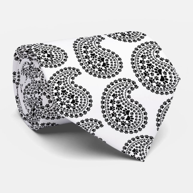 Black And White Paw Print Paisley Pattern Tie (Rolled)