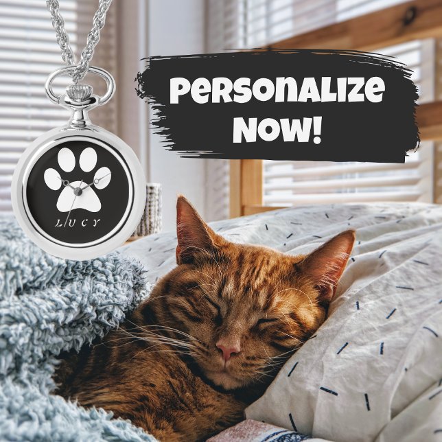 Black and White Paw Print With Your Pet's Name Watch (Creator Uploaded)