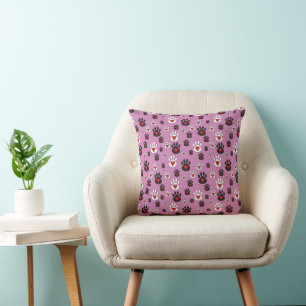Black and white Paw Prints Red Hearts on pink Throw Pillow