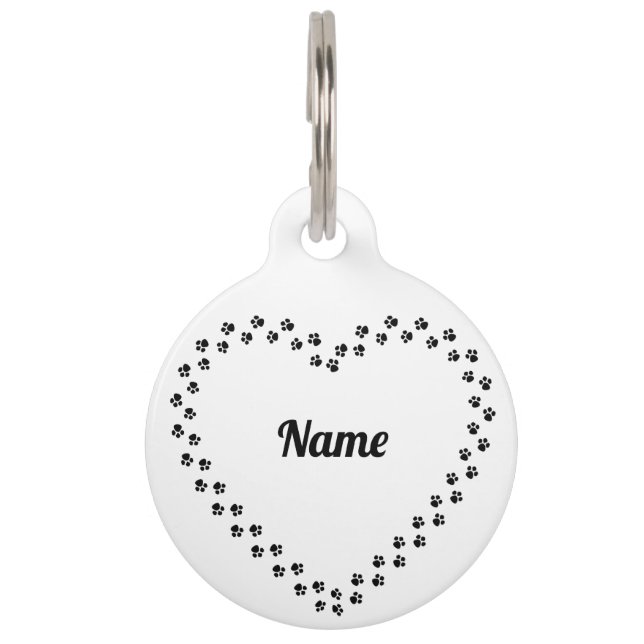 Black and White Pawprint Heart Pet Tag (Front)