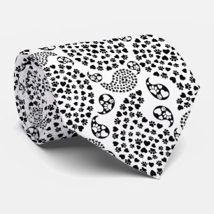 Black And White Paws And Hearts Paisley Print Tie