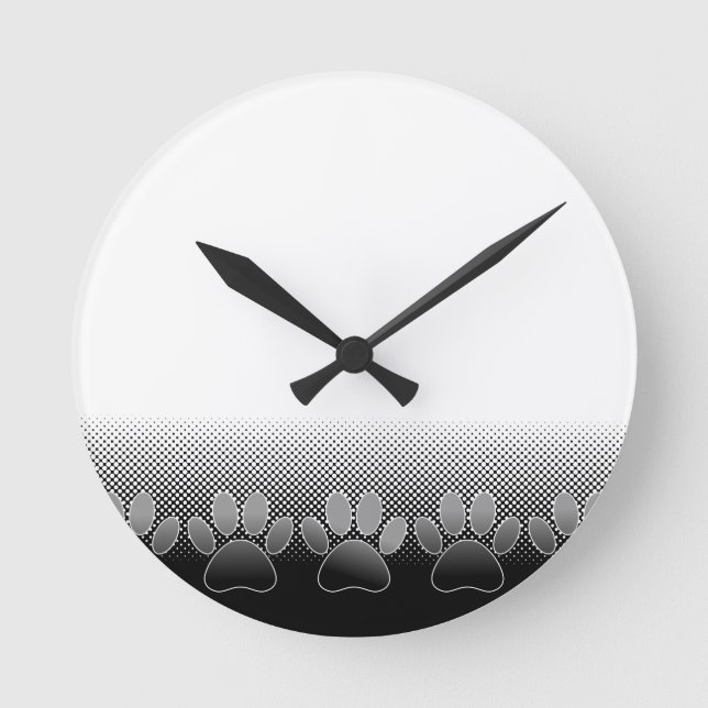 Black And White Paws Gradient Background Round Clock (Front)