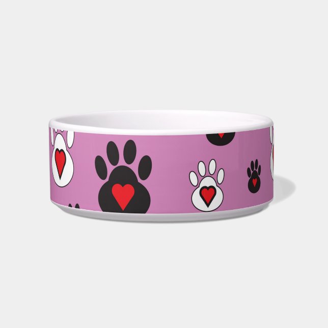 Black and White paws with hearts on pink Bowl (Front)