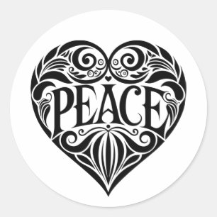 BLACK AND WHITE PEACE HEART CLASSIC ROUND STICKER