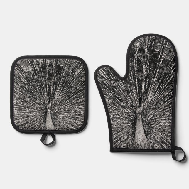 Black and White Peacock Oven Mitt & Pot Holder Set (Front)