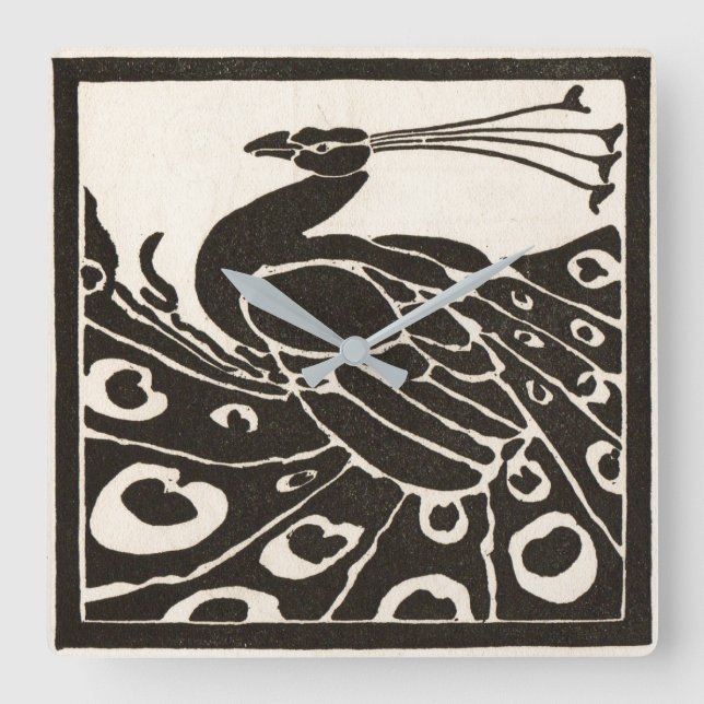 BLACK AND WHITE PEACOCK SQUARE WALL CLOCK (Front)
