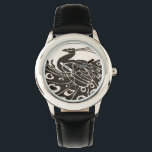 BLACK AND WHITE PEACOCK WATCH<br><div class="desc">Elegant Art Nouveau peacock in black and white</div>