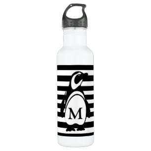 Black and White Penguin and Stripes Monogram 710 Ml Water Bottle