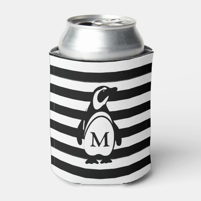 Black and White Penguin and Stripes Monogram Can Cooler (Can Front)