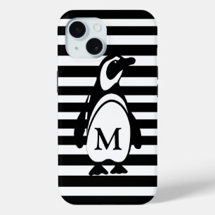 Black and White Penguin and Stripes Monogram iPhone 15 Case