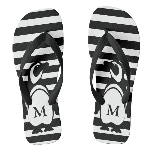 Black and White Penguin and Stripes Monogram Flip Flops (Footbed)