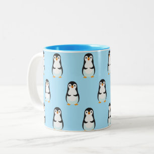 Black and White Penguin Pattern on Light Blue Two-Tone Coffee Mug