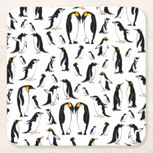 Black and white penguin Pattern Square Paper Coaster