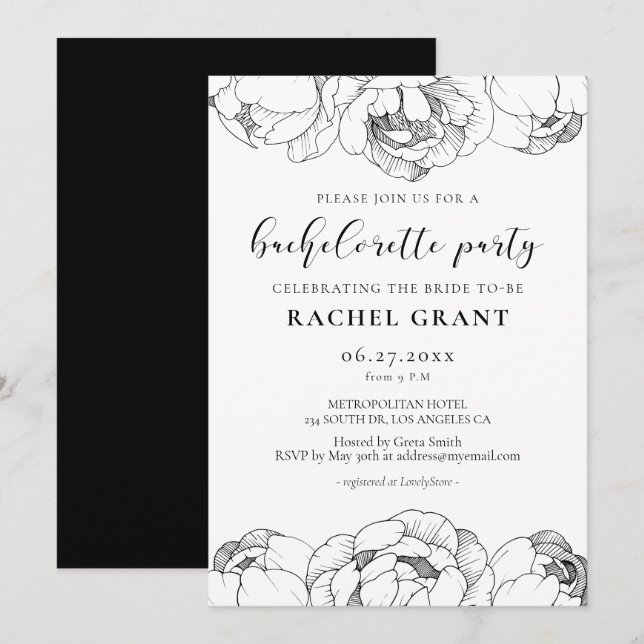 Black and white peonies Bachelorette Party Invitation (Front/Back)