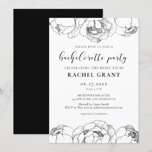 Black and white peonies Bachelorette Party Invitation