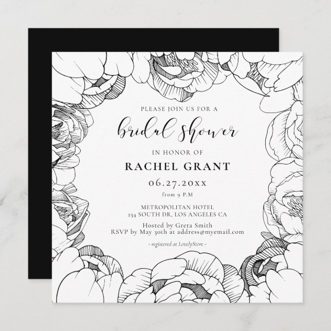 Black and white peonies Bridal shower invitation (Front/Back)