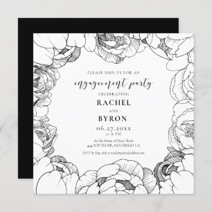 Black and white peonies elegant engagement party invitation