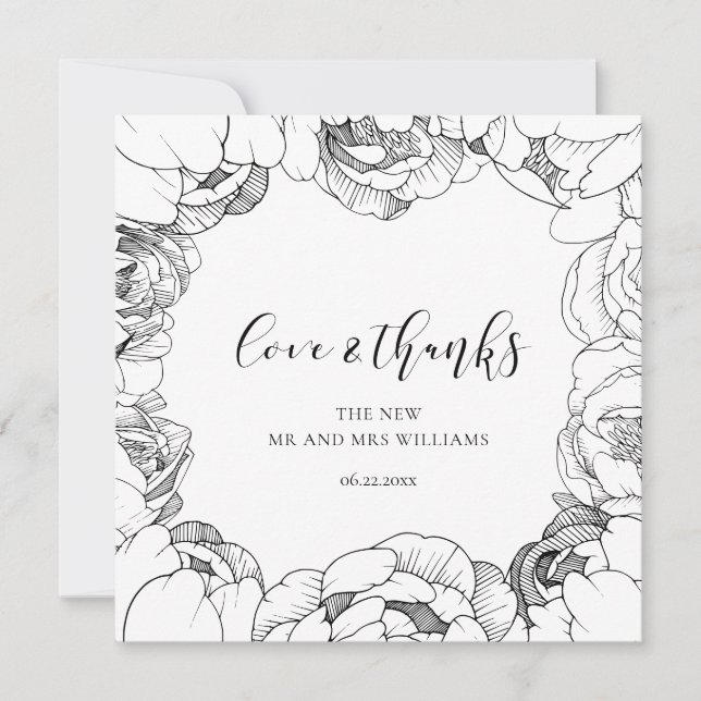 Black and white peonies elegant Love & Thanks card (Front)
