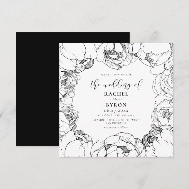 Black and white peonies elegant wedding invitation (Front/Back)