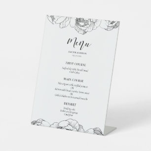 Black and white peonies elegant wedding menu pedestal sign