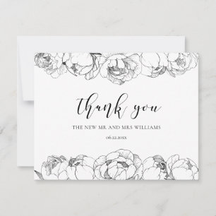 Black and white peonies elegant wedding thank you card