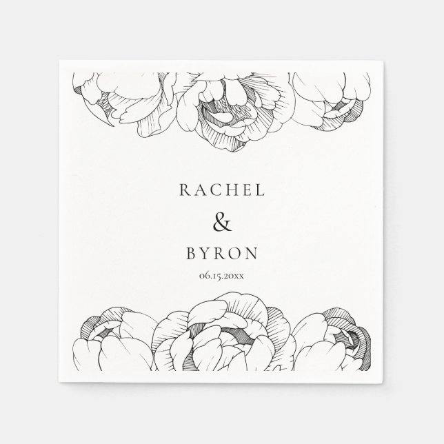 Black and white peonies wedding paper napkin (Front)
