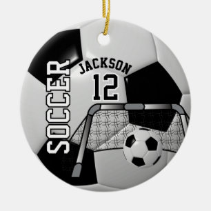 Black and White Personalize Soccer Ball Ceramic Ornament