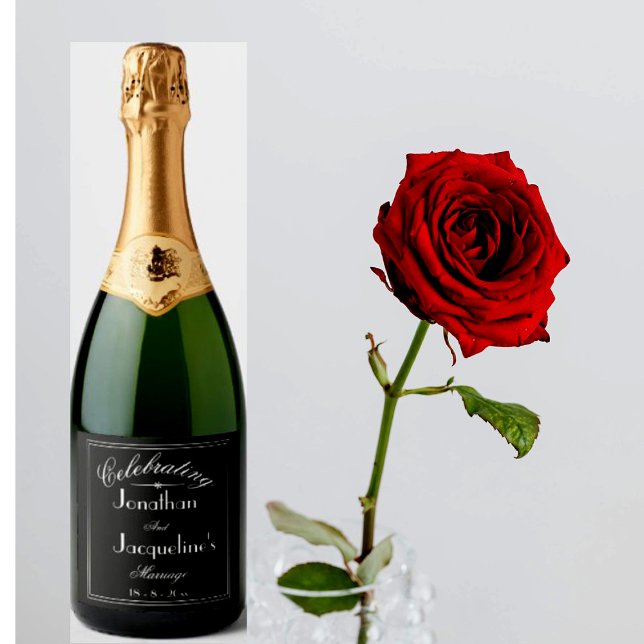 Black And White Personalized Chic Wedding          Sparkling Wine Label (Simple, elegant black and white script,  sparkling wine wedding labels.)