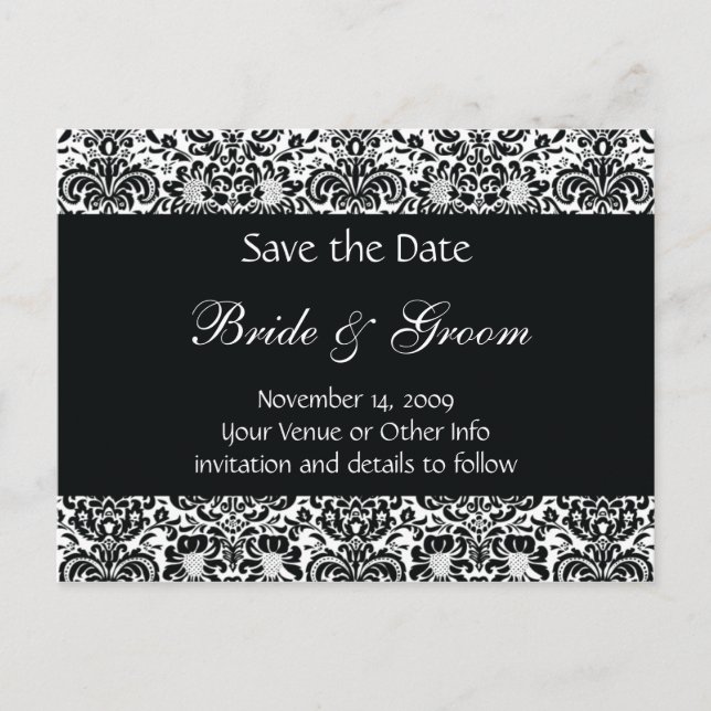 Black and White Personalized Damask Save the Date Announcement Postcard (Front)