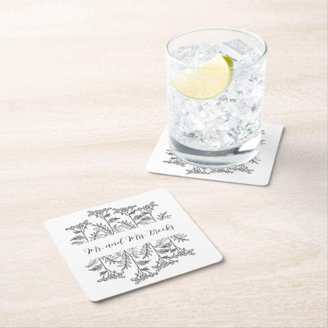 Black and White Personalized Floral Paper Coaster (Insitu)