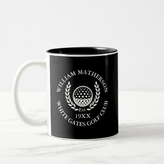 Black And White Personalized Golf Club Name Two-Tone Coffee Mug (Left)