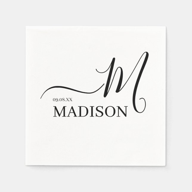 Black and White Personalized Monogram and Name Napkin (Front)