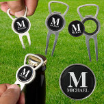 Black and White Personalized Monogram Divot Tool<br><div class="desc">Monogram and name create your golf equipment template in simple black and white. You can change the background and text colours by selecting the customize option. It can be a special gift for the best dad ever,  or a wonderful grandpa.</div>