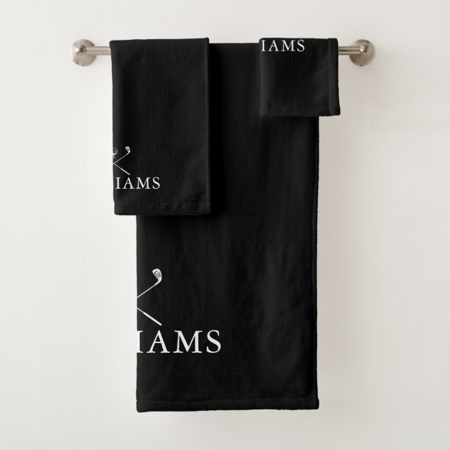 Black And White Personalized Name Golf Clubs Bath Towel Set (Insitu)