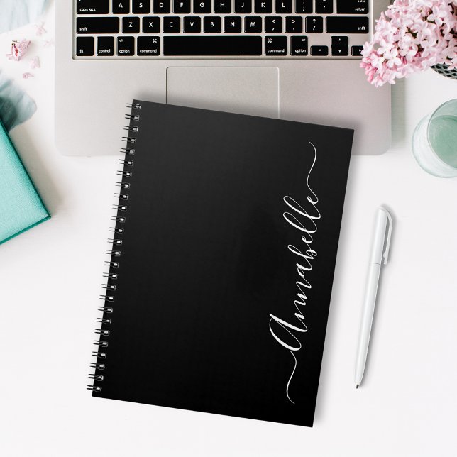 Black and white Personalized Name Notebook (Modern black personalized notebook.  Customize with your first name in elegant script typography)