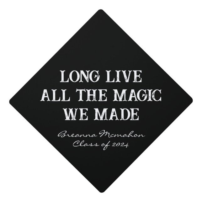 Black and White Personalized with Name and Quote Graduation Cap Topper (Front)