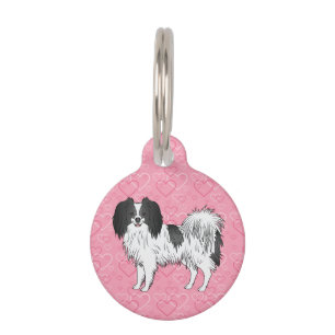 Black And White Phalène Cartoon Dog On Pink Hearts Pet Tag