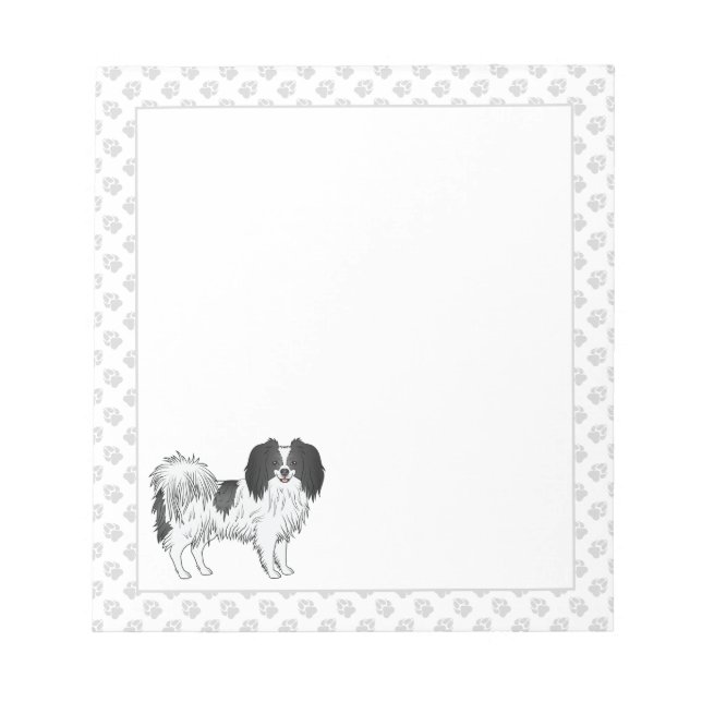 Black And White Phalène Cartoon Dog With Grey Paws Notepad (Front)