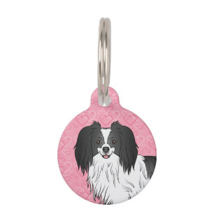 Black And White Phalène Dog Head On Pink Hearts Pet Tag