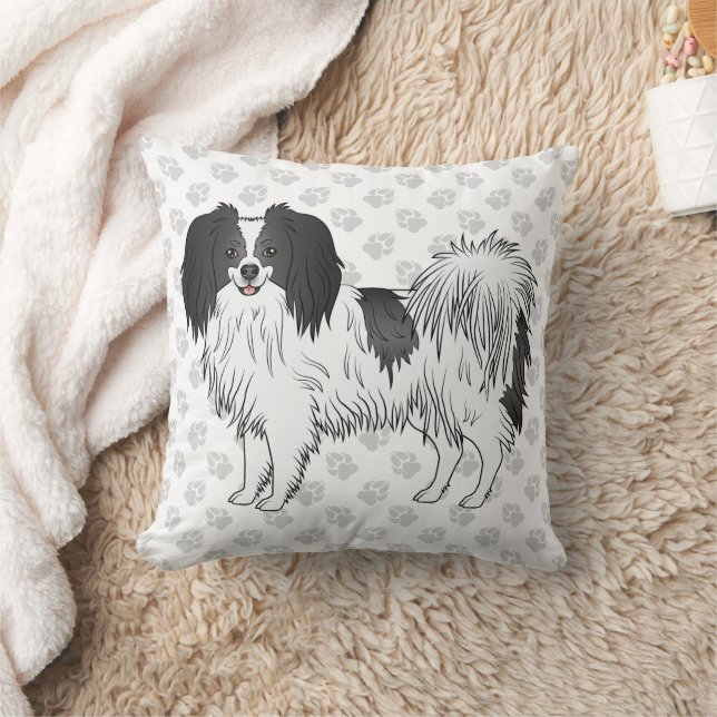 Black And White Phalène Dog On Grey Paw Prints Throw Pillow (Blanket)