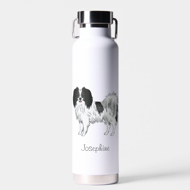 Black And White Phalène Dog With Personalized Name Water Bottle (Front)